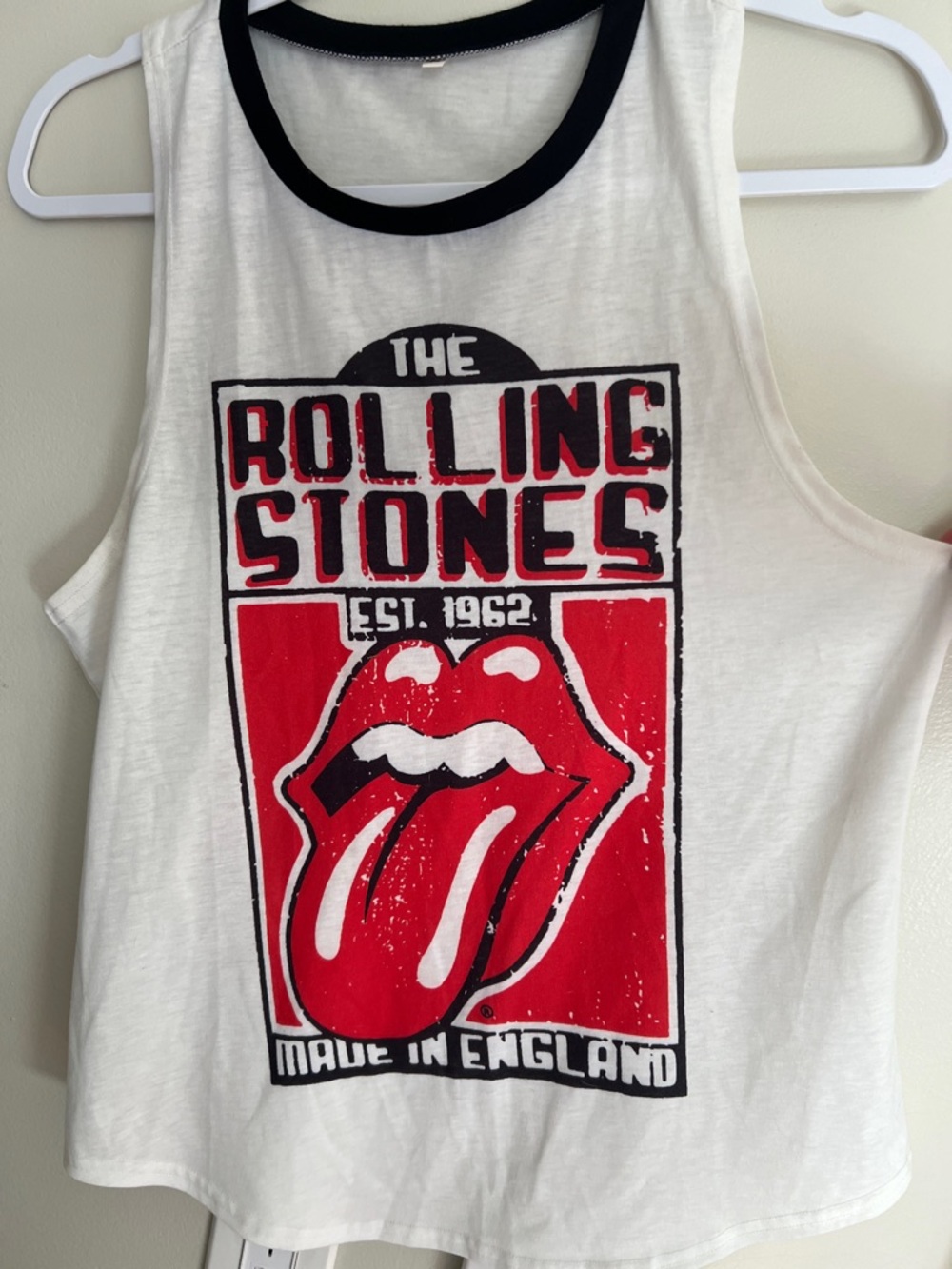 the Rolling Stones White Tank with Red & Black Tongue Graphic